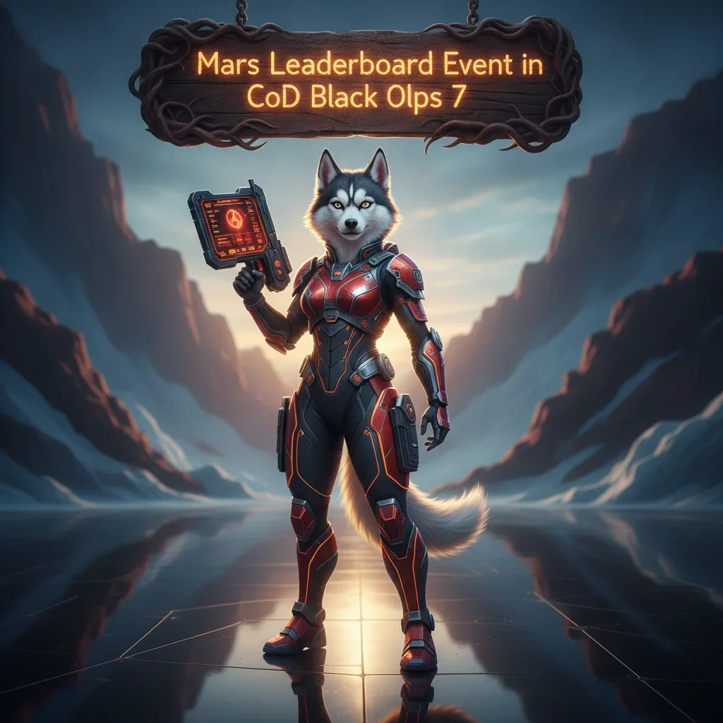 Fantasy artwork with an anthropomorphic Husky in futuristic armor on a red, rocky Mars-like landscape, related to a competitive leaderboard event.