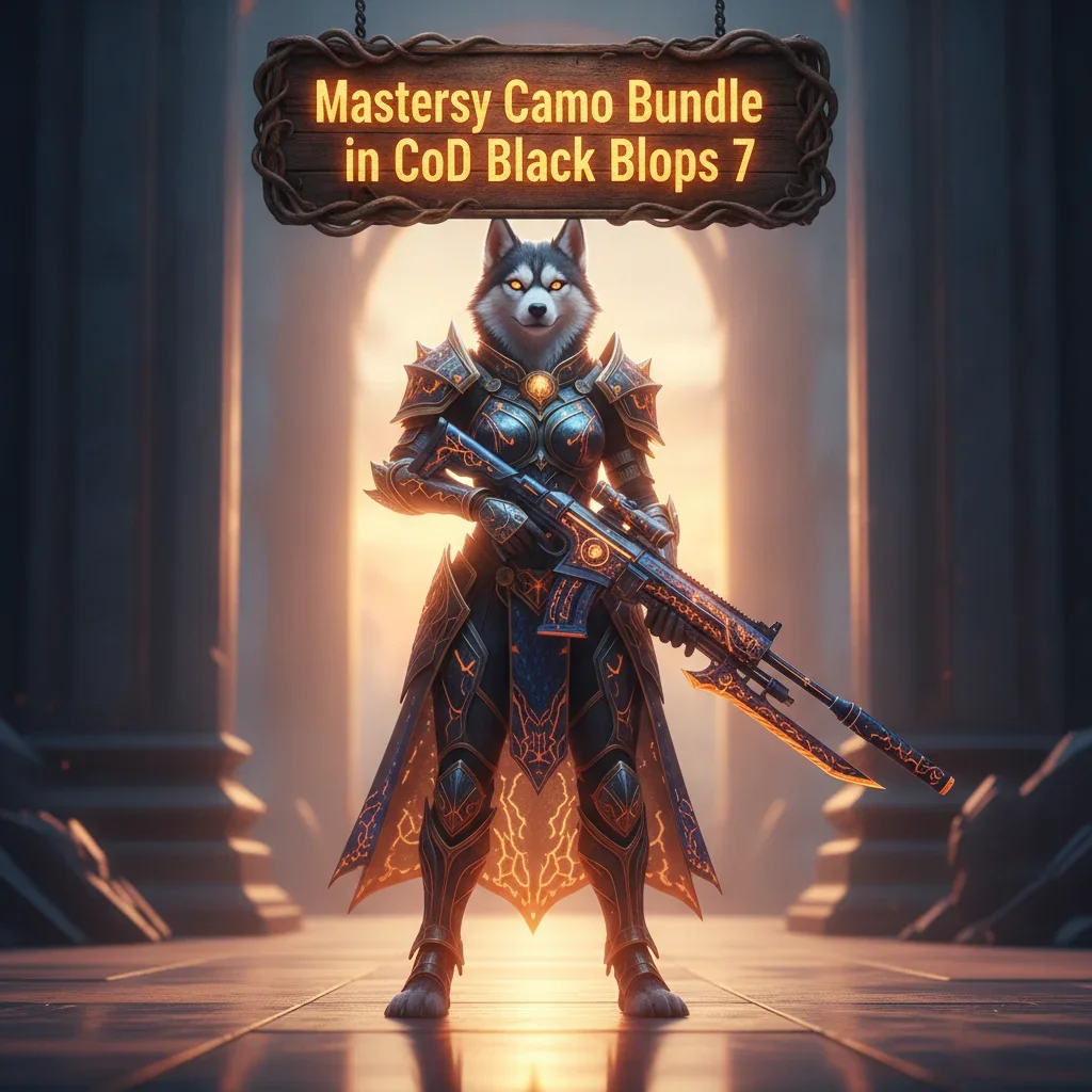 An anthropomorphic Husky character in fantasy armor, set in a game-inspired environment, representing Mastery Camo content and bundle acquisition objectives.