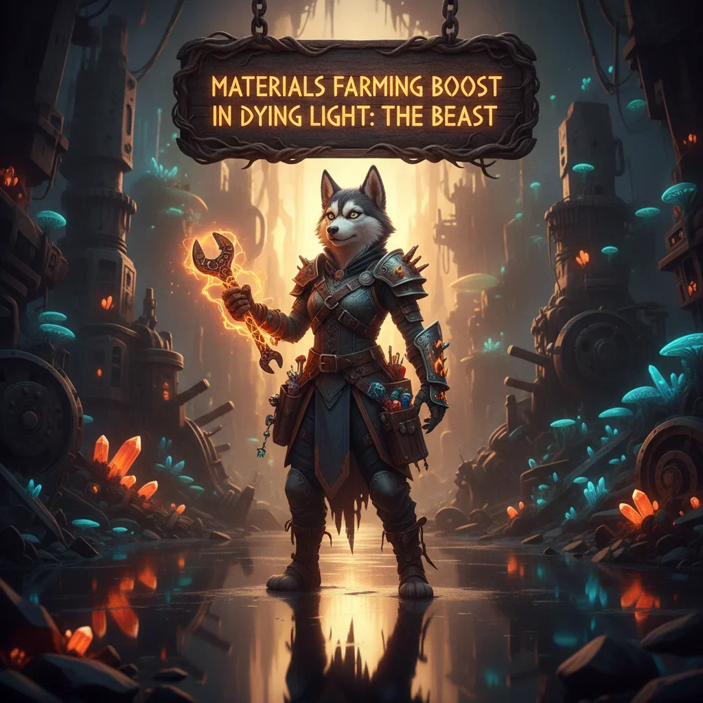 Fantasy artwork featuring an anthropomorphic Husky character in a rugged, post-apocalyptic environment, themed around materials farming objectives and resource collection content.