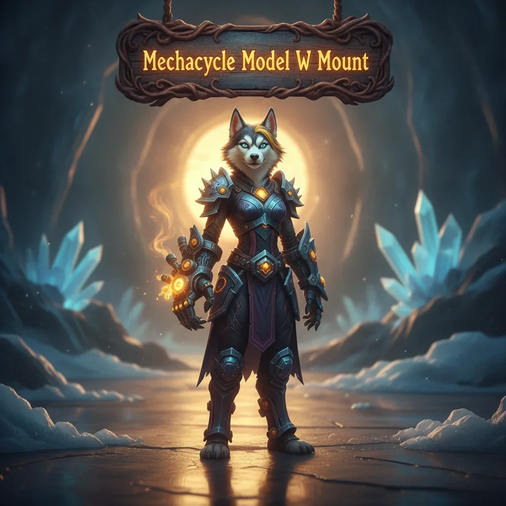 Fantasy artwork with an anthropomorphic husky character in a game-inspired setting, themed around acquiring the Mechacycle Model W mount in World of Warcraft Midnight, representing mount collection objectives.