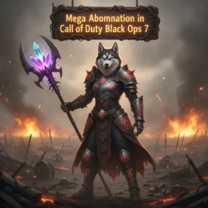 A fantasy game-inspired image featuring an anthropomorphic husky character in detailed fantasy armor, set in an ominous, game-themed environment, representing objectives related to challenging a Mega Abomination.