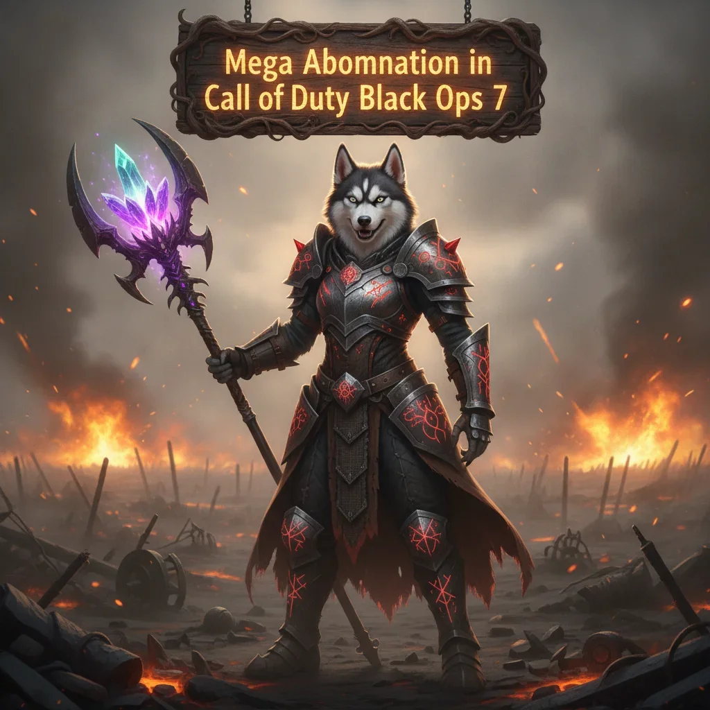 A fantasy game-inspired image featuring an anthropomorphic husky character in detailed fantasy armor, set in an ominous, game-themed environment, representing objectives related to challenging a Mega Abomination.