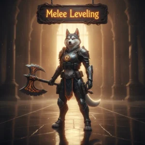 Fantasy artwork featuring an anthropomorphic husky character in battle-ready armor, representing melee weapon leveling content and progression objectives in a first-person shooter game setting.