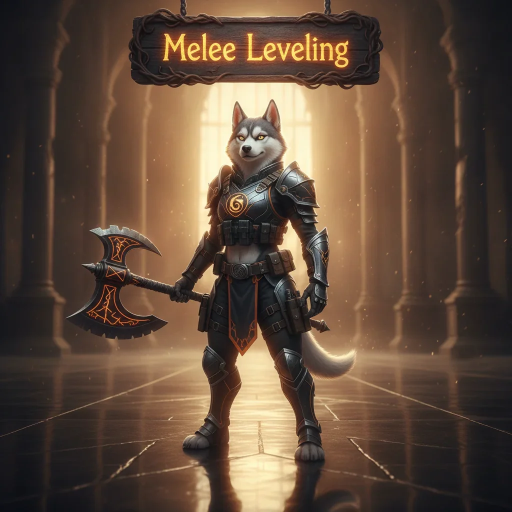 Fantasy artwork featuring an anthropomorphic husky character in battle-ready armor, representing melee weapon leveling content and progression objectives in a first-person shooter game setting.