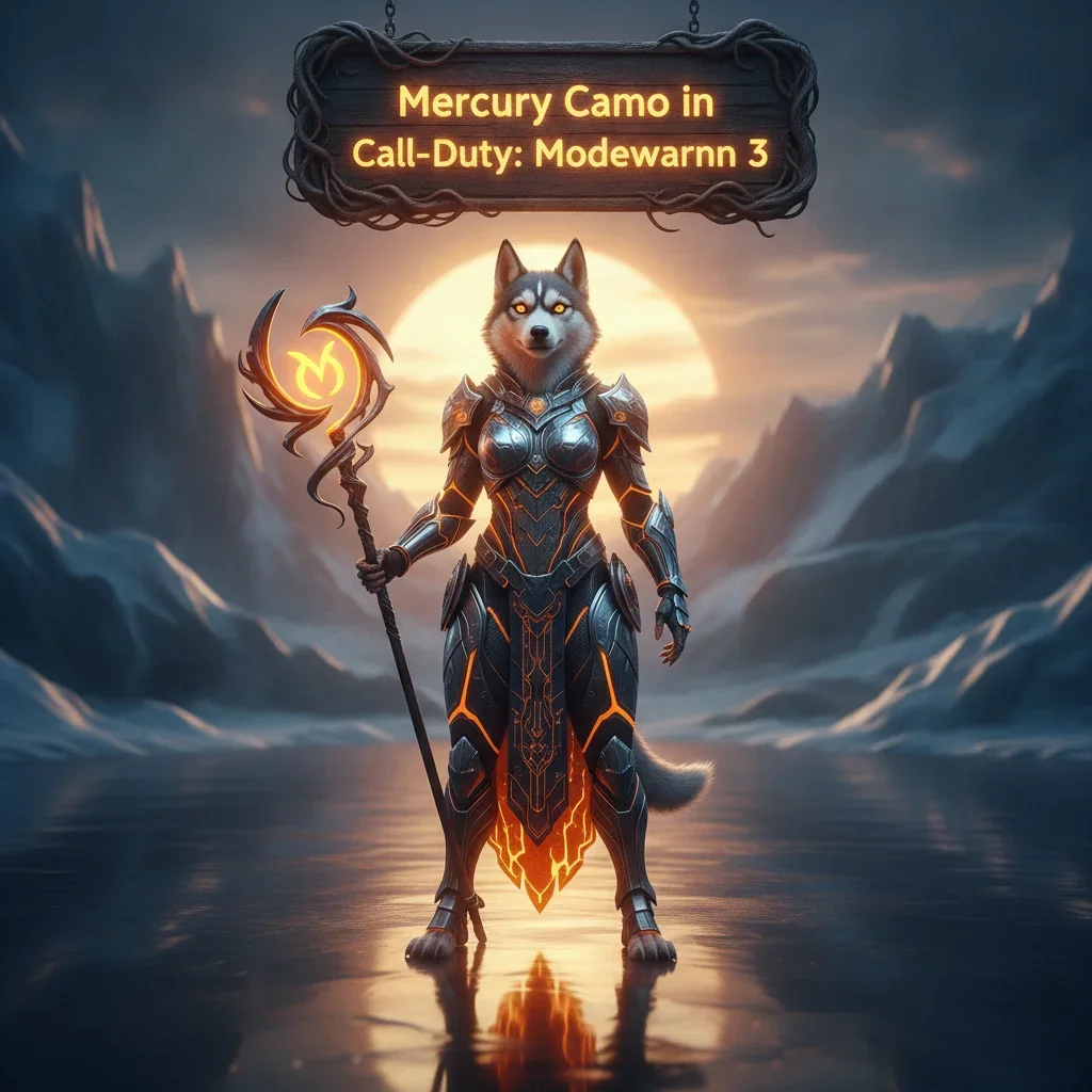An anthropomorphic husky character in fantasy armor within an enchanted environment, representing weapon cosmetic unlocks and progression for Mercury Camo content.
