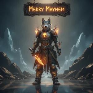 Anthropomorphic husky in festive fantasy armor within a magical setting. The artwork represents seasonal Merry Mayhem event content and objectives.