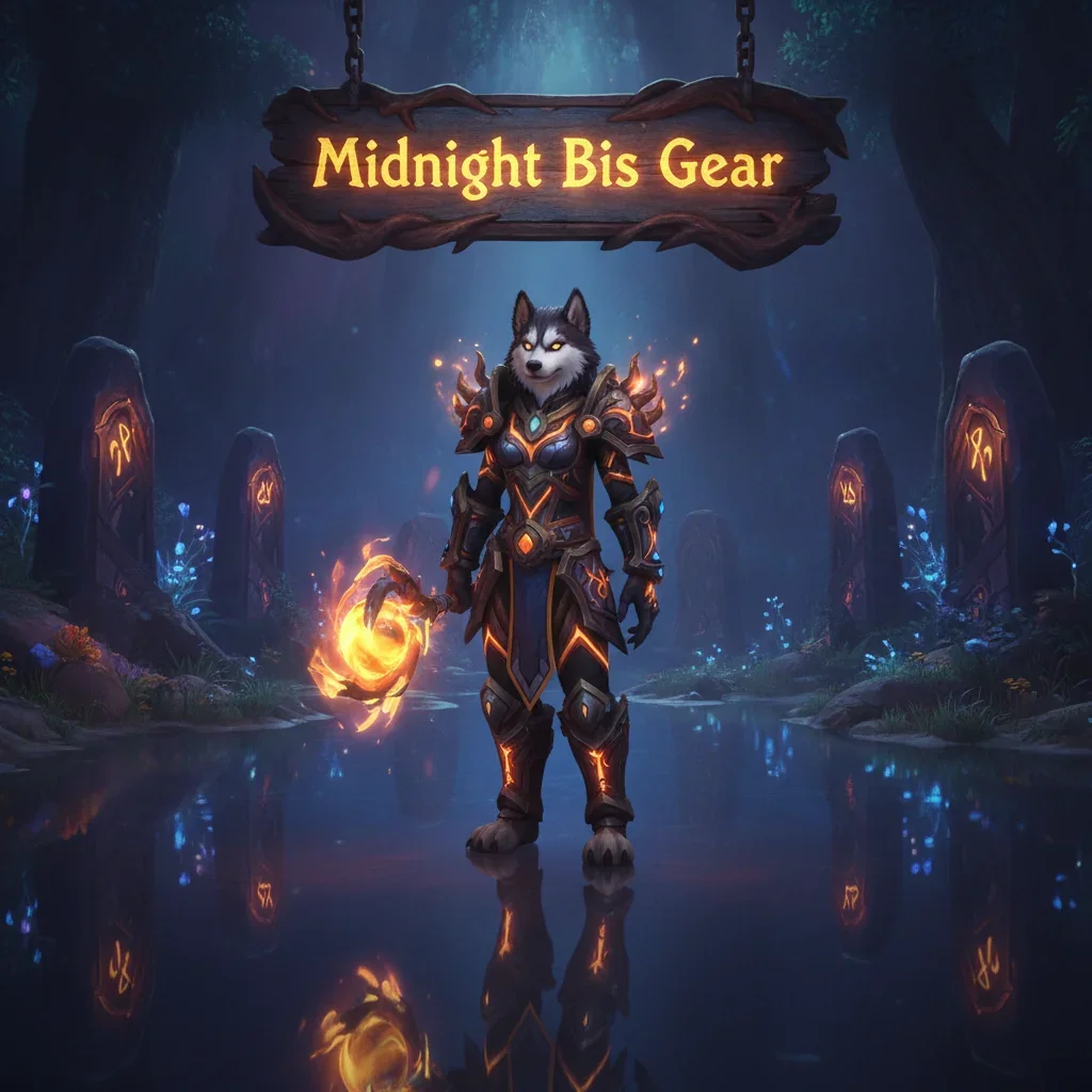 Fantasy artwork inspired by WoW Midnight's Best in Slot gear acquisition, featuring an anthropomorphic Husky character in heroic fantasy armor within a mystical environment.