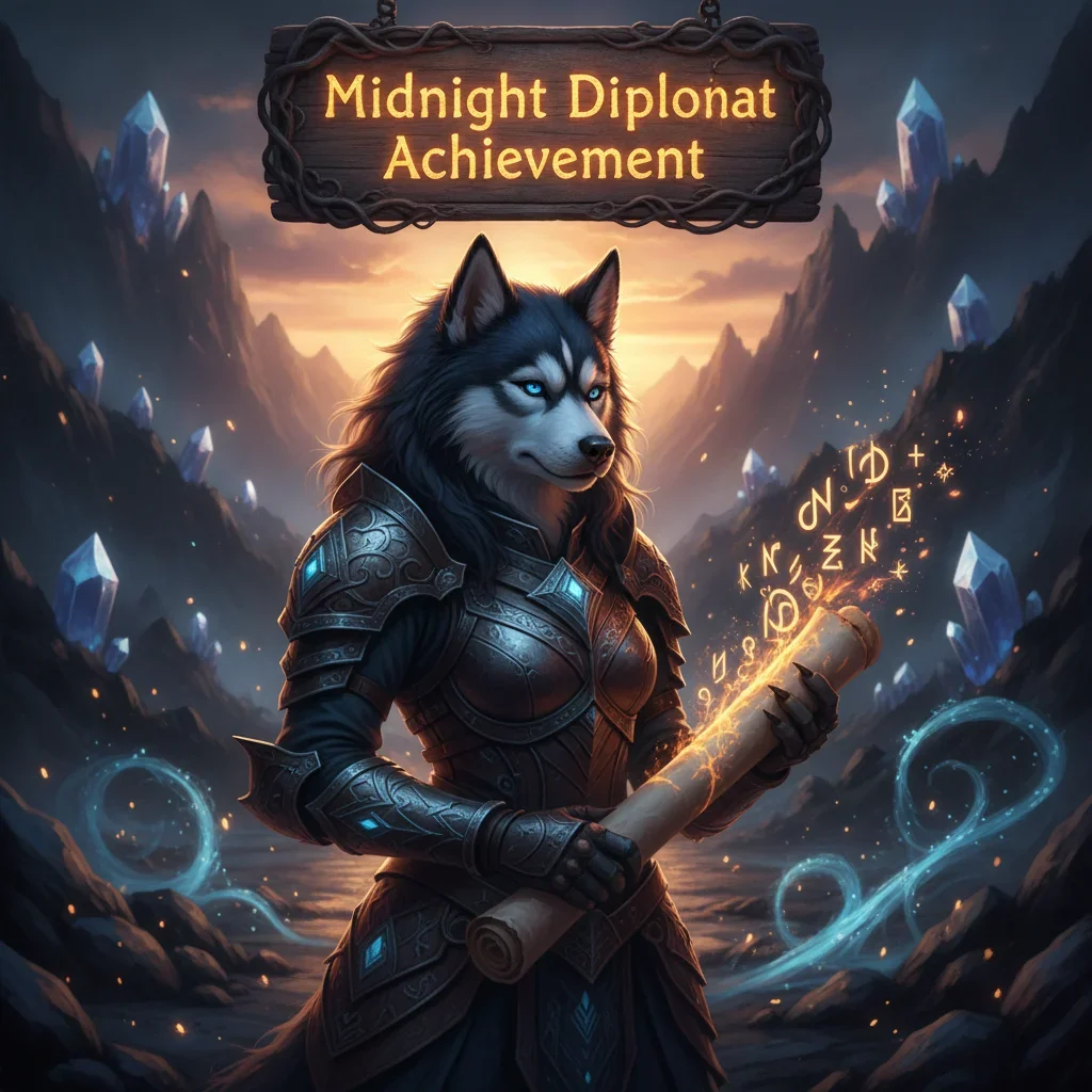 Fantasy artwork with an anthropomorphic Husky character in a sophisticated outfit, themed around the Midnight Diplomat achievement objectives and rewards.