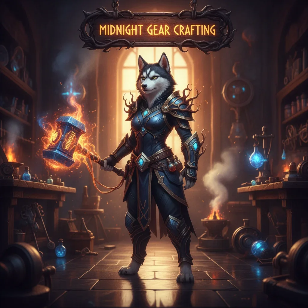 A fantasy scene depicting an anthropomorphic Husky in intricate armor, illuminated by a mystical glow, representing the dedicated pursuit of gear crafting objectives at night.