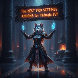 Screenshot of Midnight PvP UI Addon interface setup with various elements like action bars, unit frames, and chat windows.