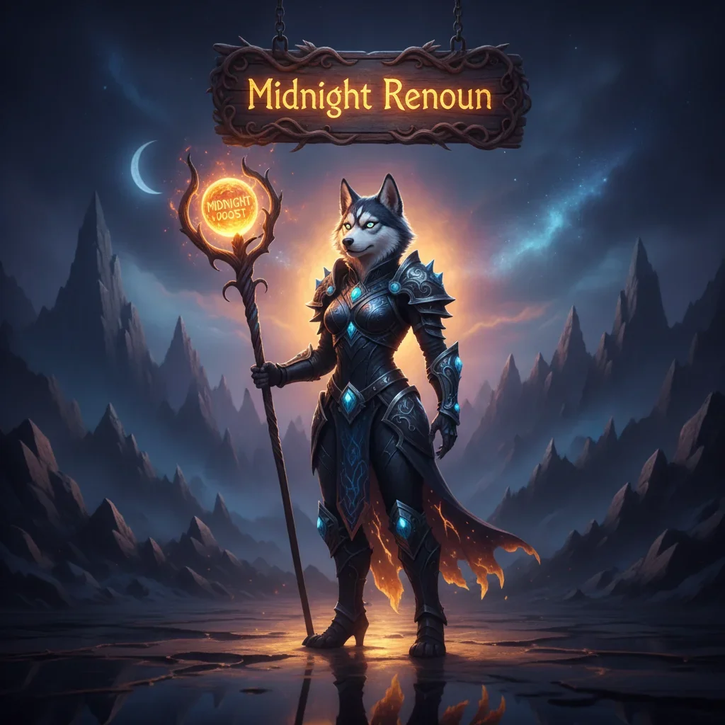 Fantasy artwork with an anthropomorphic Husky in ornate fantasy armor within a mystical midnight environment, representing renown progression content.