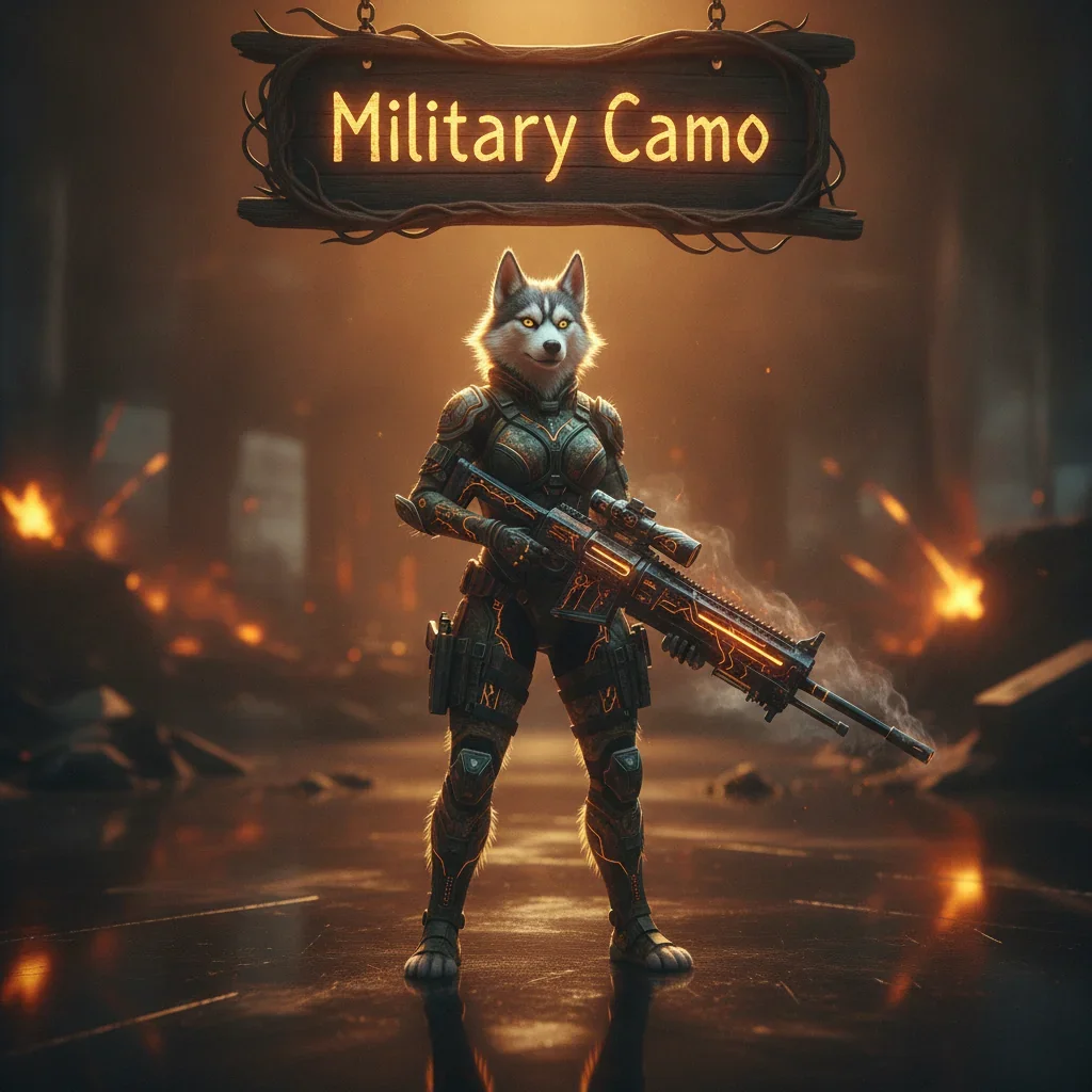 An anthropomorphic Husky character, clad in fantasy tactical armor with camouflage patterns, standing in a mystical, game-inspired environment. The artwork is themed around Call of Duty Black Ops 6 military camo customization and weapon progression objectives.