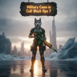 Anthropomorphic Husky in military tactical armor. Artwork for CoD Black Ops 7, representing military camouflage unlocks and weapon customization content.