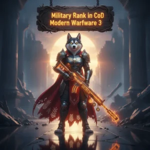 Fantasy artwork presenting an anthropomorphic husky character in military-style armor, themed around rank advancement content and prestige objectives in a fantasy game.