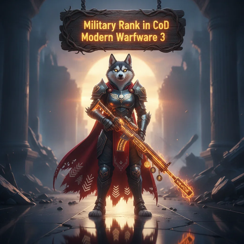 Fantasy artwork presenting an anthropomorphic husky character in military-style armor, themed around rank advancement content and prestige objectives in a fantasy game.