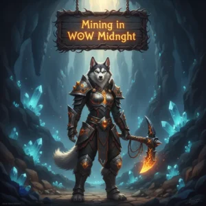 Fantasy game artwork of an anthropomorphic husky in a dark environment, representing 'Mining Boost in WoW Midnight' content for resource gathering objectives.