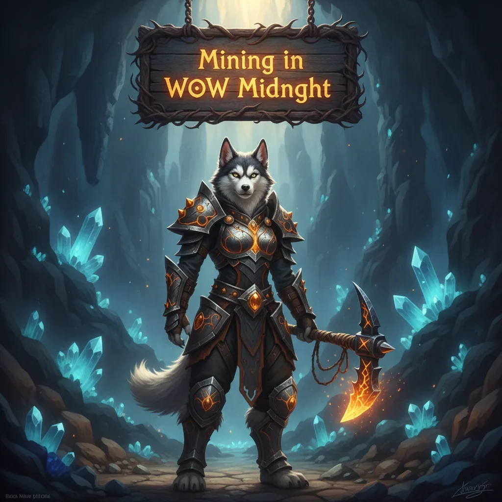 Fantasy game artwork of an anthropomorphic husky in a dark environment, representing 'Mining Boost in WoW Midnight' content for resource gathering objectives.