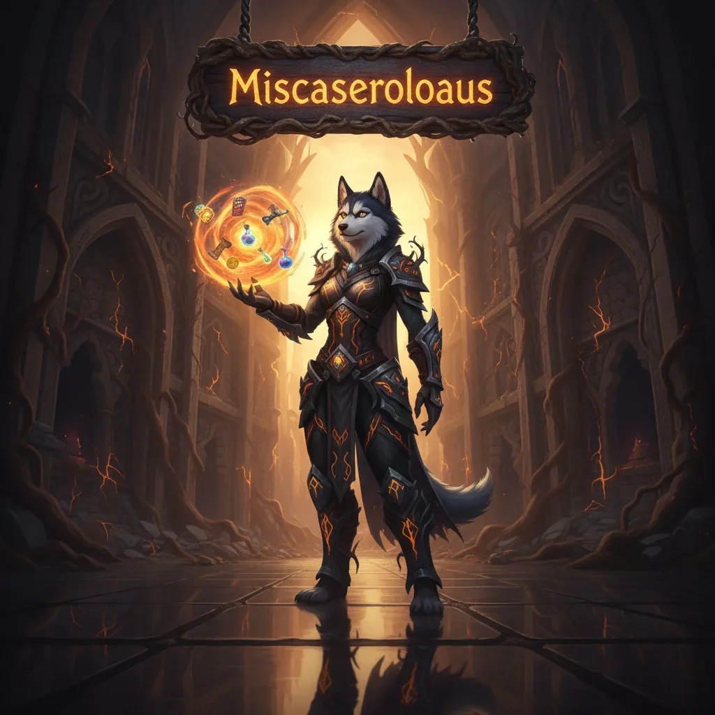 Fantasy artwork featuring an anthropomorphic Husky character in themed attire amidst a dark, moonlit environment, representing diverse World of Warcraft content and objectives for miscellaneous boosts.