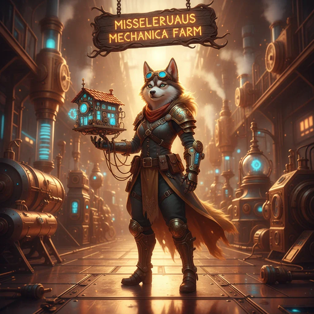 Fantasy artwork featuring an anthropomorphic husky character in a steampunk-inspired environment, representing miscellaneous mechanica farm objectives in WoW Midnight.