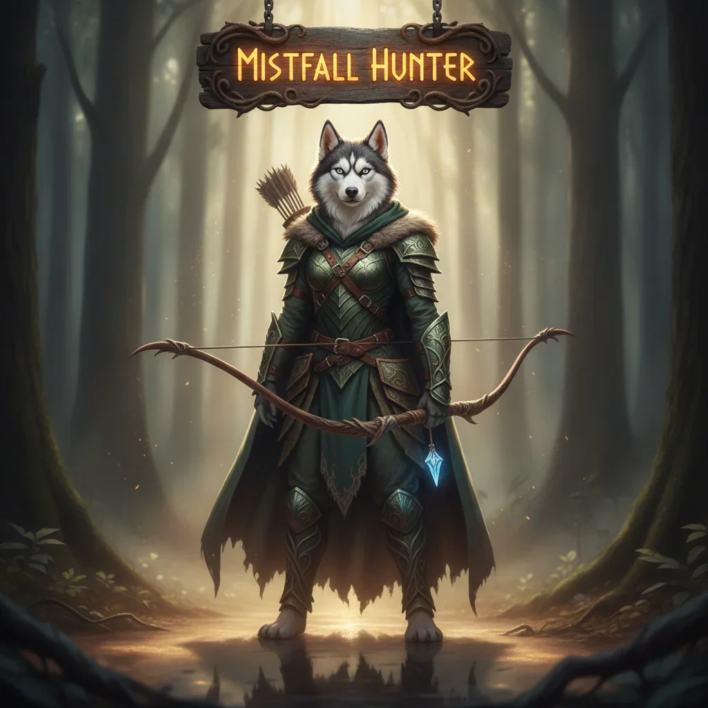 Fantasy game-inspired artwork featuring an anthropomorphic Husky character, themed around Mistfall Hunter content.