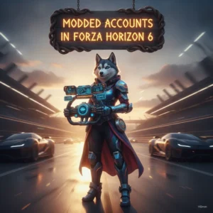 An anthropomorphic Husky character in fantasy armor stands in a grand, stylized game world, representing the concept of modded accounts and high-tier game content acquisition.