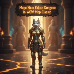 Fantasy artwork of an anthropomorphic husky character in an ancient Mogu'shan Palace dungeon environment, inspired by World of Warcraft.
