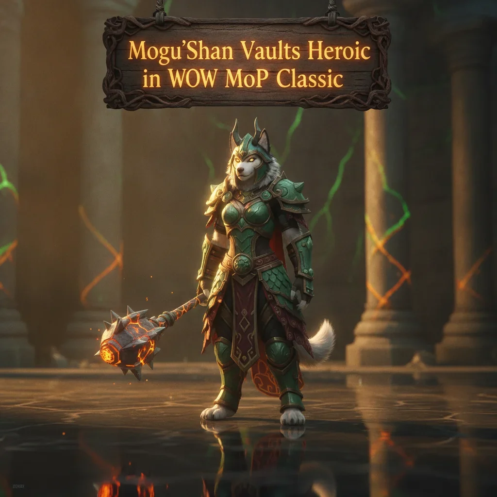 Fantasy artwork featuring an anthropomorphic Husky character in armor, themed around Mogu'shan Vaults Heroic content.