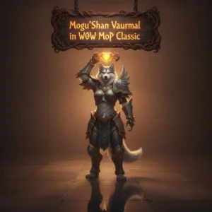 Fantasy artwork of an anthropomorphic husky character in an ancient, stone-laden vault, inspired by Mogu'shan Vaults Normal content.