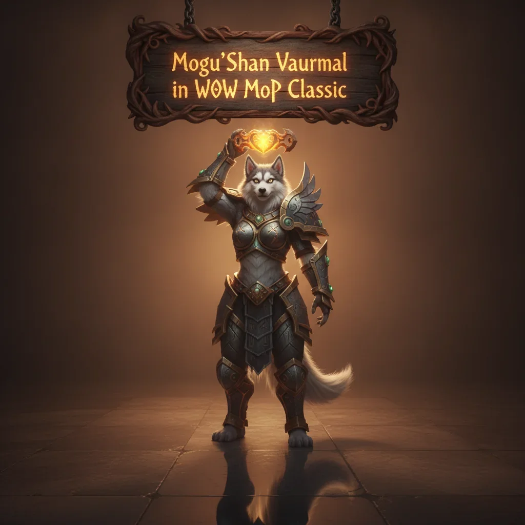 Fantasy artwork of an anthropomorphic husky character in an ancient, stone-laden vault, inspired by Mogu'shan Vaults Normal content.