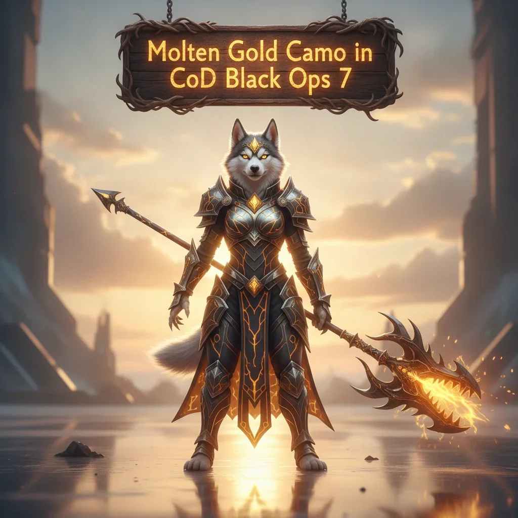 Fantasy artwork featuring an anthropomorphic husky character in elaborate, futuristic gear, representing Molten Gold Camo challenges and weapon customization in Call of Duty Black Ops 7.