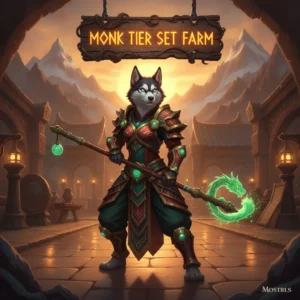 Fantasy artwork featuring an anthropomorphic Husky character wearing monk-inspired robes, set in a game-inspired environment related to the WoW Midnight expansion and tier set farming objectives.