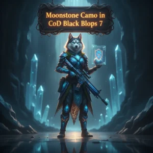 Fantasy artwork featuring an anthropomorphic Husky in themed attire. Inspired by Moonstone Camo boost and cosmetic unlock objectives for CoD Black Ops 7.