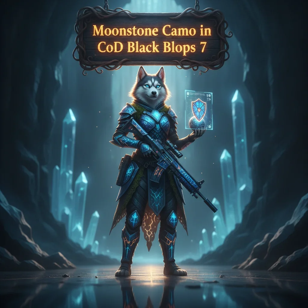 Fantasy artwork featuring an anthropomorphic Husky in themed attire. Inspired by Moonstone Camo boost and cosmetic unlock objectives for CoD Black Ops 7.