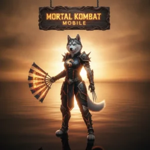 Fantasy game-inspired artwork with an anthropomorphic Husky character in a martial arts pose, themed around Mortal Kombat Mobile.