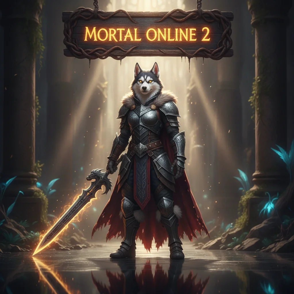 Fantasy game-inspired artwork featuring an anthropomorphic husky character, themed around Mortal Online 2 boosting services and game content.