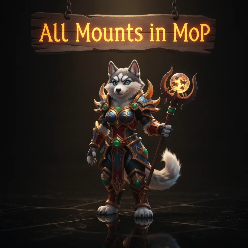 An anthropomorphic Husky character in fantasy armor, inspired by World of Warcraft: Mists of Pandaria Classic mount content.