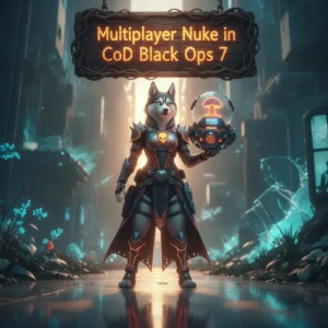 Fantasy artwork inspired by Multiplayer Nuke Boost objectives in CoD Black Ops 7, showcasing an anthropomorphic Husky in futuristic attire within a dynamic game environment.
