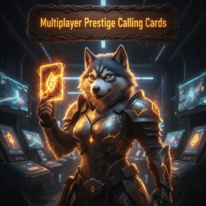 Fantasy artwork of an anthropomorphic husky character in themed armor within a game-inspired environment, representing multiplayer prestige and calling cards content.