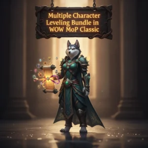 An anthropomorphic husky character in fantasy armor, representing the WoW Mists of Pandaria Classic leveling bundle.