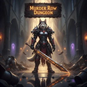 Anthropomorphic Husky in fantasy armor within a dark dungeon. This artwork represents challenging content and objectives for the Murder Row Dungeon in WoW Midnight.