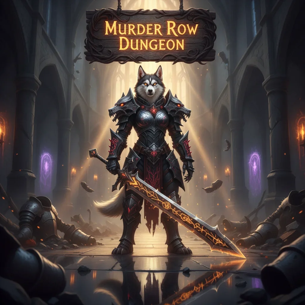 Anthropomorphic Husky in fantasy armor within a dark dungeon. This artwork represents challenging content and objectives for the Murder Row Dungeon in WoW Midnight.