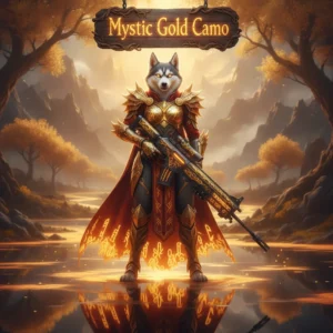 Anthropomorphic Husky in fantasy attire, within a magical setting, representing the content and objectives for the Mystic Gold Camo in Call of Duty Black Ops 6.