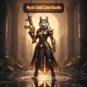 Fantasy artwork featuring an anthropomorphic Husky in ornate, mystic gold-themed attire, set in a magical, game-inspired environment. This piece represents exclusive cosmetic content and rare reward collection objectives.