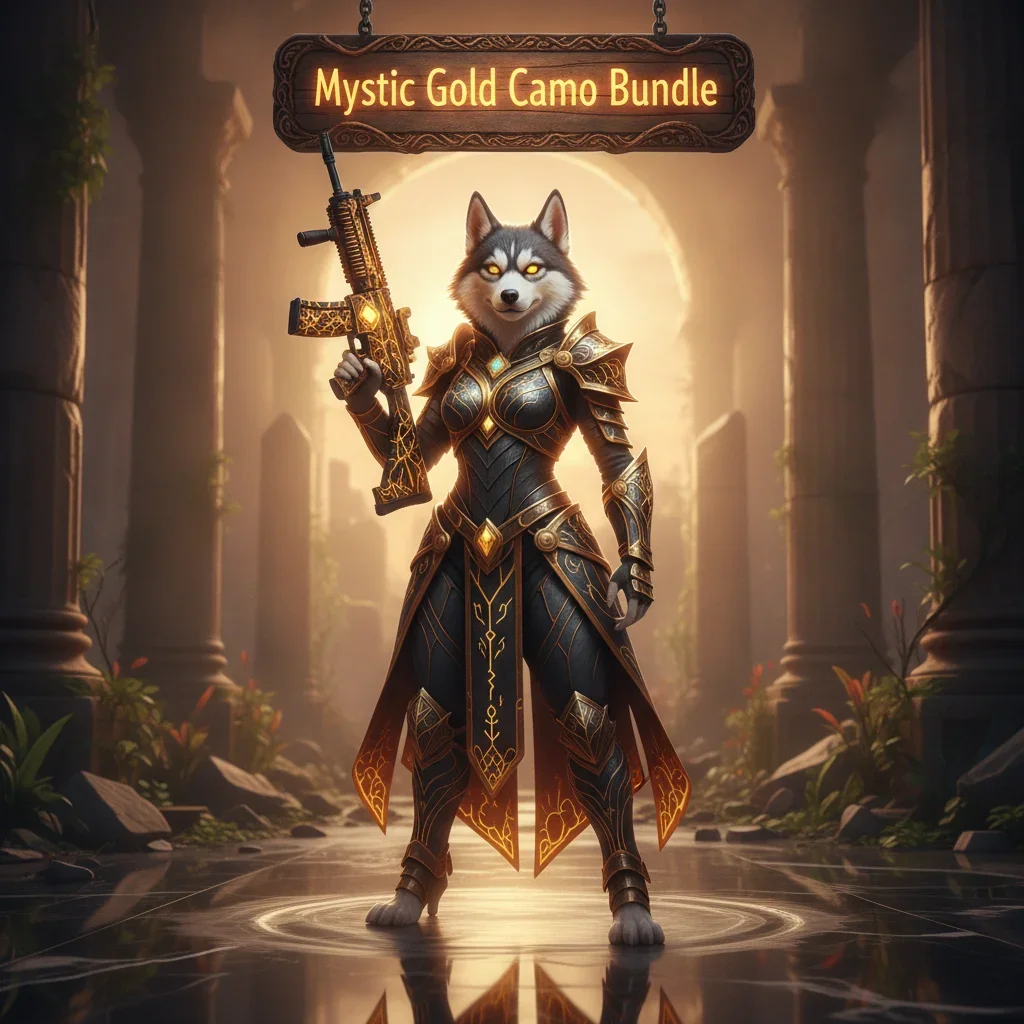 Fantasy artwork featuring an anthropomorphic Husky in ornate, mystic gold-themed attire, set in a magical, game-inspired environment. This piece represents exclusive cosmetic content and rare reward collection objectives.