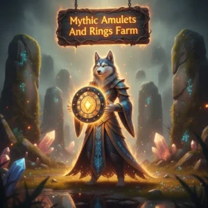 An anthropomorphic Husky character in fantasy armor amidst a magical setting, representing the pursuit of mythic amulets and rings within a game.