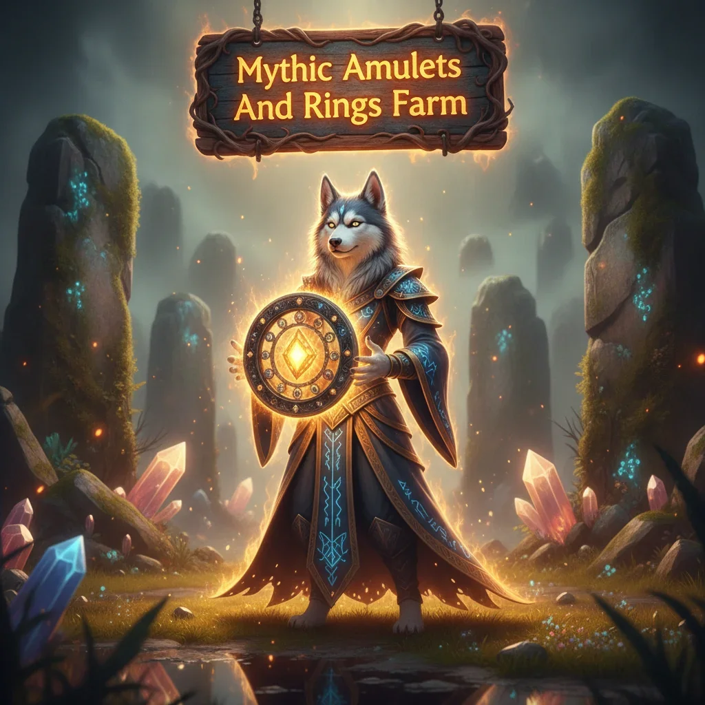 An anthropomorphic Husky character in fantasy armor amidst a magical setting, representing the pursuit of mythic amulets and rings within a game.