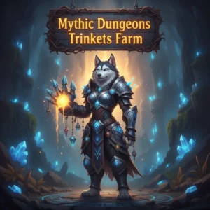 Fantasy game-inspired artwork featuring an anthropomorphic husky in themed armor within a dungeon environment, related to Mythic Dungeons and trinket farming objectives.