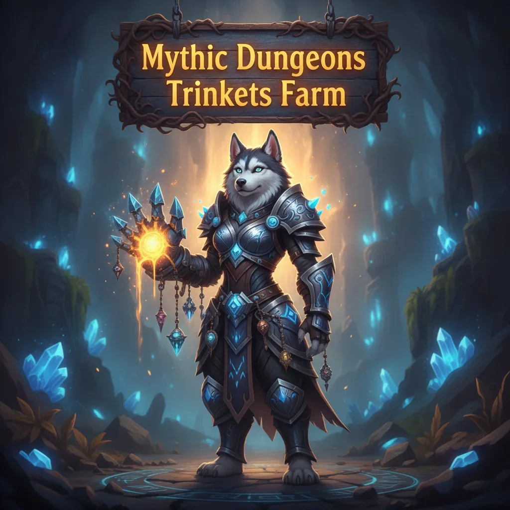 Fantasy game-inspired artwork featuring an anthropomorphic husky in themed armor within a dungeon environment, related to Mythic Dungeons and trinket farming objectives.