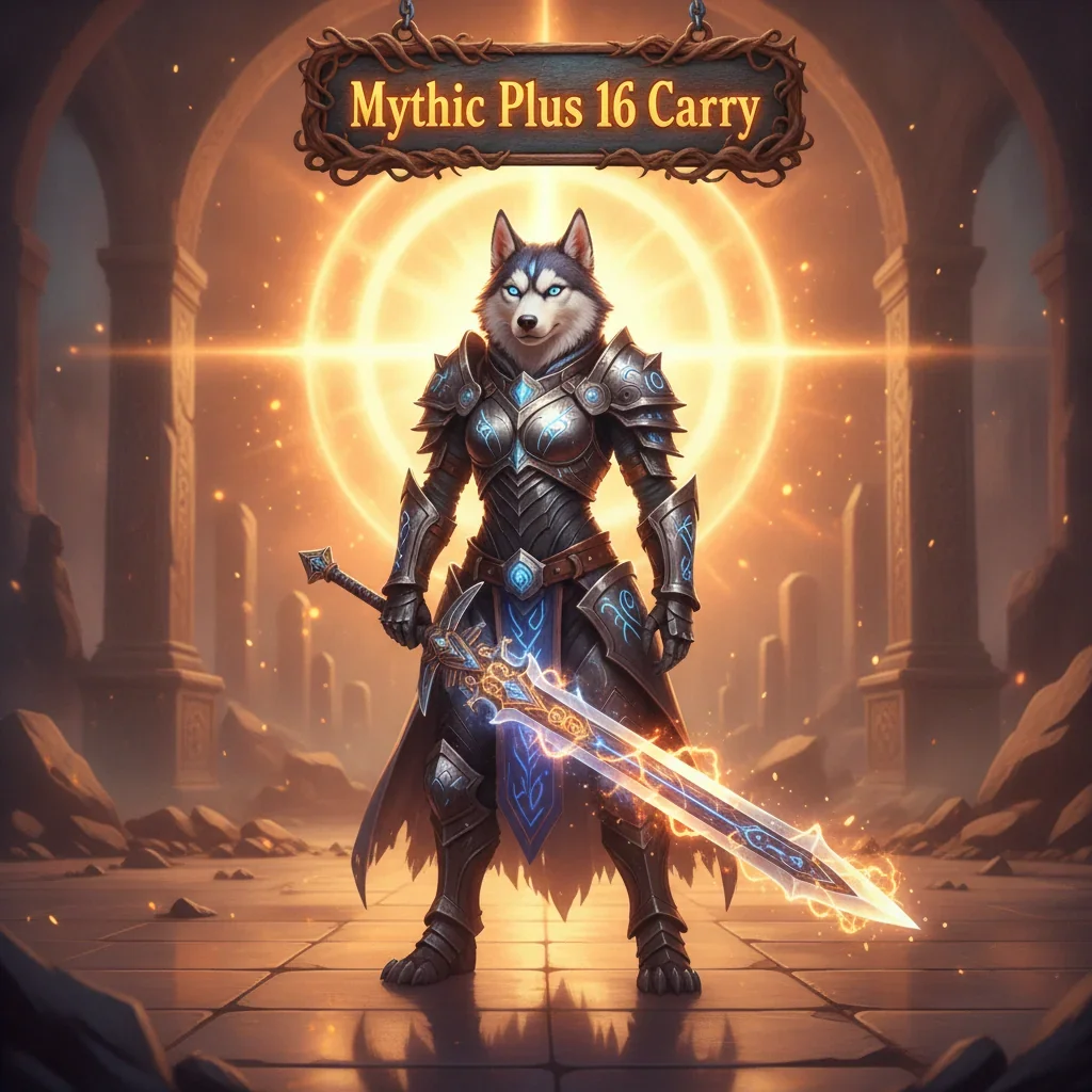 Anthropomorphic husky character in fantasy armor, set in a mystical dungeon environment, representing Mythic Plus 16 endgame content from a fantasy game.