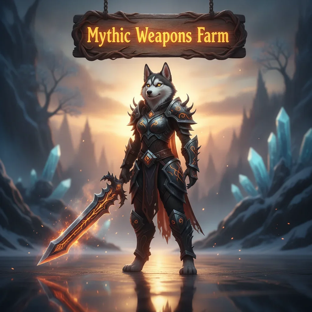 Fantasy artwork with an anthropomorphic husky character in heroic armor, representing mythic weapon farming content and high-tier gear acquisition objectives in a game.